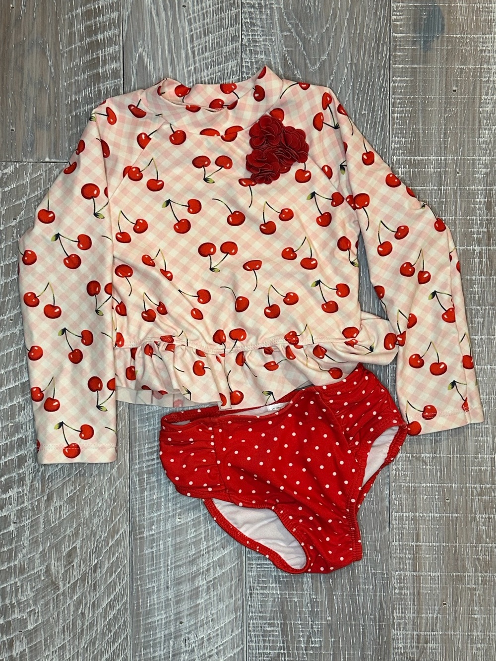 Little Me Pink and Red Cherry Rash Guard Set